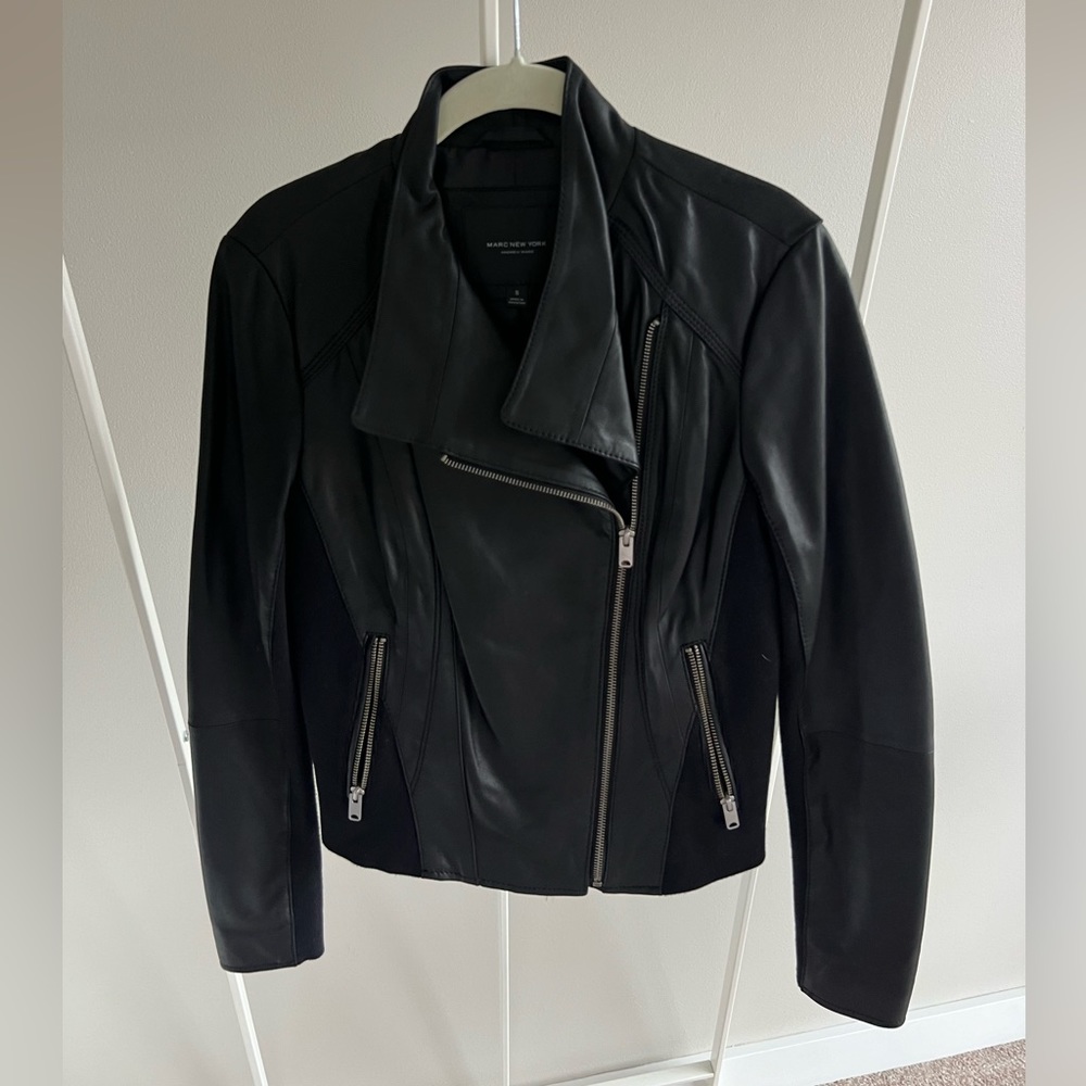 Andrew Marc. Faux Leather Ribbed Panel Jacket.
